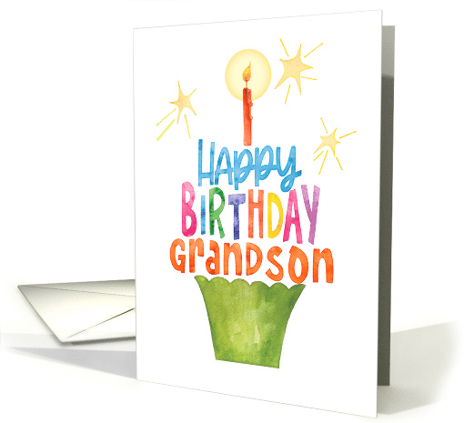 Birthday Grandson Cupcake in Writing with Candle and Stars card