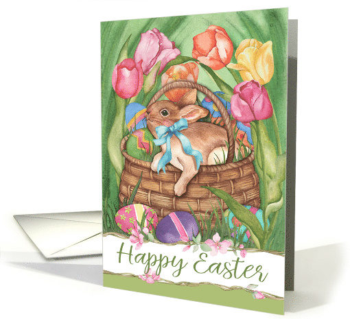 Easter Basket with Colored Eggs, Bunny, and Tulips for All Ages card
