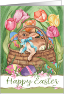 Easter Basket with Colored Eggs, Bunny, and Tulips for All Ages card
