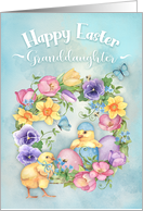 Granddaughter Easter with chicks & colored eggs and spring flowers card