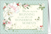 Birthday General Wonderful Moments Rose Floral Green Pink Cream card