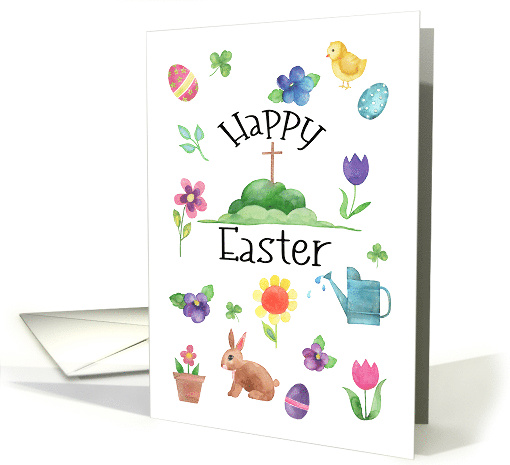 Easter Religious General Cross Surrounded by Spring Motifs card