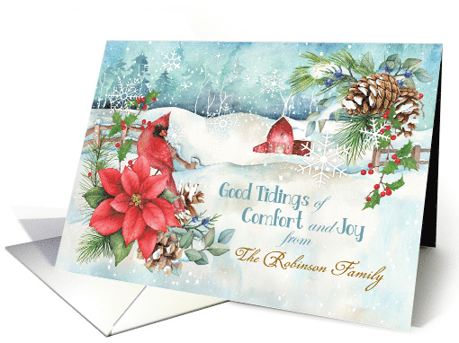 Custom Name Christmas Snow Barn Poinsettia Cardinal Warm Wishes card