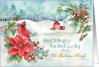 Custom Name Christmas Snow Barn Poinsettia Cardinal Warm Wishes card