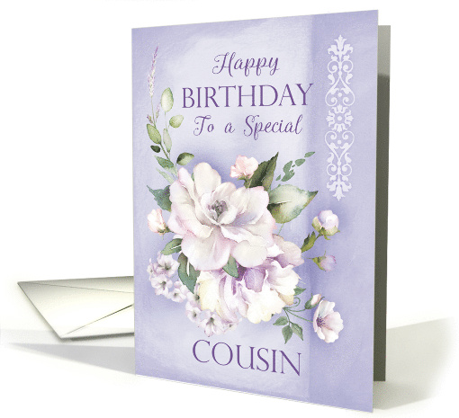 Cousin Birthday Purple Floral Rose and Greenery Damask Watercolor card