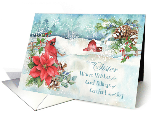 Sister Christmas Snow Barn Poinsettia Cardinal Warm Wishes card