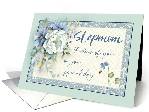 Stepmom Birthday Thinking of You Blue White Floral Peony & Bees card