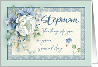 Stepmom Birthday Thinking of You Blue White Floral Peony & Bees card