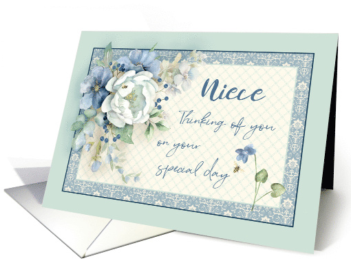 Niece Birthday Thinking of You Blue White Floral Peony & Bees card