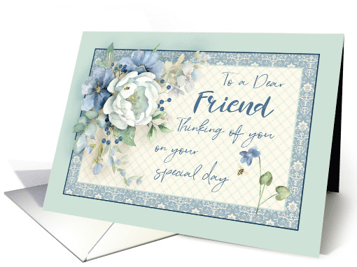 Friend Birthday Thinking of You Blue White Floral Peony & Bees card
