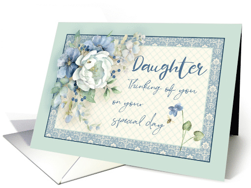 Daughter Birthday Thinking of You Blue White Floral Peony & Bees card