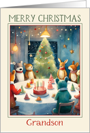 Grandson Merry Christmas Stuffed Toys Having a Party Christmas Tree card