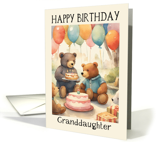 Granddaughter Birthday Teddy Bears with Cake, Presents, Balloons card