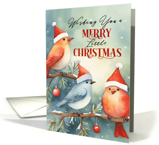 Christmas Birds Whimsical with Hats, Snow, Pines and Ornaments card