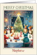 Nephew Merry Christmas Stuffed Toys Having a Party Christmas Tree card