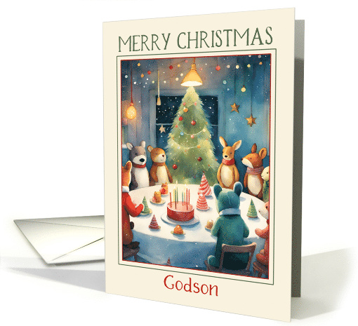 Godson Merry Christmas Stuffed Toys Having a Party Christmas Tree card
