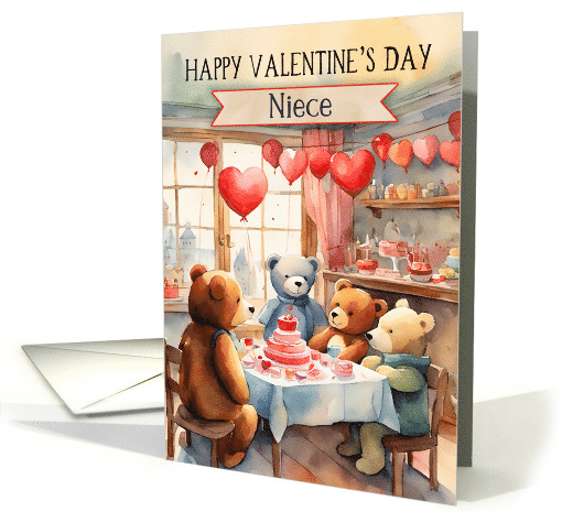Niece Valentine's Day Teddy Bear Party with Cake and Balloons card