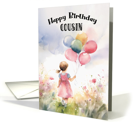 Cousin Birthday Girl Holding Balloons Walking in Field of Flowers card