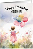 Cousin Birthday Girl Holding Balloons Walking in Field of Flowers card