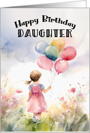 Daughter Birthday Girl Holding Balloons Walking in Field of Flowers card