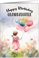 Granddaughter Birthday Girl Holding Balloons in a Field of Flowers card