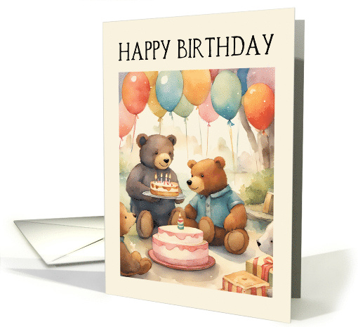 General Birthday Teddy Bears with Cake Presents and Balloons card