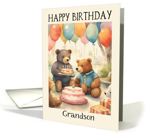 Grandson Birthday Teddy Bears with Cake Presents and Balloons card