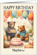 Nephew Birthday Teddy Bears with Cake Presents and Balloons card
