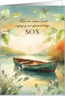 Son Birthday Relax on Special Day Rowboat on Serene Lake and Leaves card