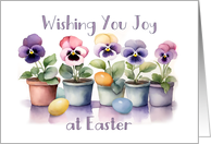 Easter Joy General Card with Cheerful Pansies and Colored Eggs card