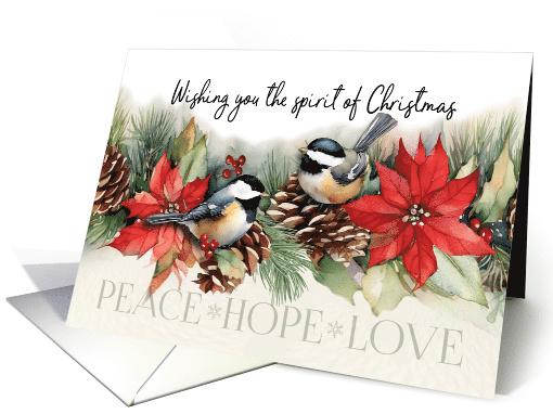Christmas General Greetings with Birds Pinecones and Poinsettias card