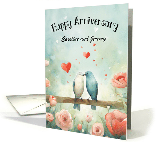 Anniversary Custom Names with Birds and Hearts and Flowers card