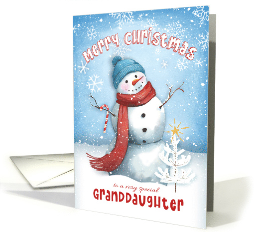 Merry Christmas to Granddaughter Snowman with Candy Cane card