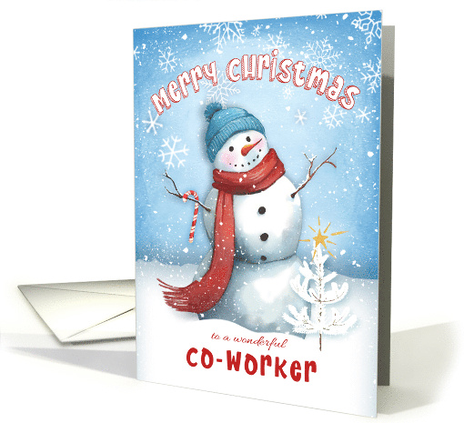 Merry Christmas to Co Worker with Snowman with Candy Cane card