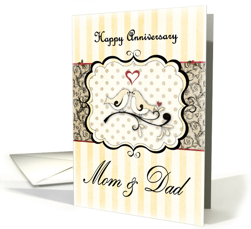 Happy Anniversary Mom & Dad, Lovebirds With Heart on Damask card