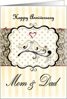Happy Anniversary Mom & Dad, Lovebirds With Heart on Damask card