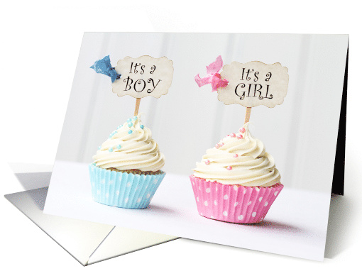 Pink and Blue Cupcakes with Toppers and Sprinkles - Twins Birth card