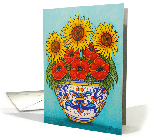 Umbria Sunflower Poppy Bouquet Blank card (1658670)