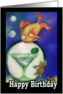 Orange fish Martini cocktail drink & green olive under sea Birthday card