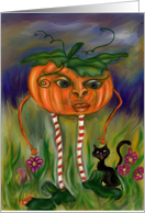 Happy Halloween pumpkin senior pumpkin surreal black kitty cat outside card