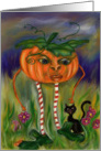 Happy Halloween pumpkin senior pumpkin surreal black kitty cat outside card