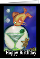 Orange fish Martini cocktail drink & green olive under sea Birthday card