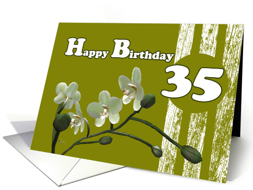 Happy 35th Birthday, White orchids on green card (991787)