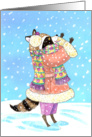 Christmas Girl Raccoon dressed for Winter in the Snow card