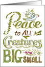Christmas Peace to ALL Creatures, Hand Lettering, Doves, Leaves, Star card