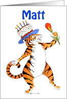 Birthday Singing Tiger with Cake on Head for Matt card