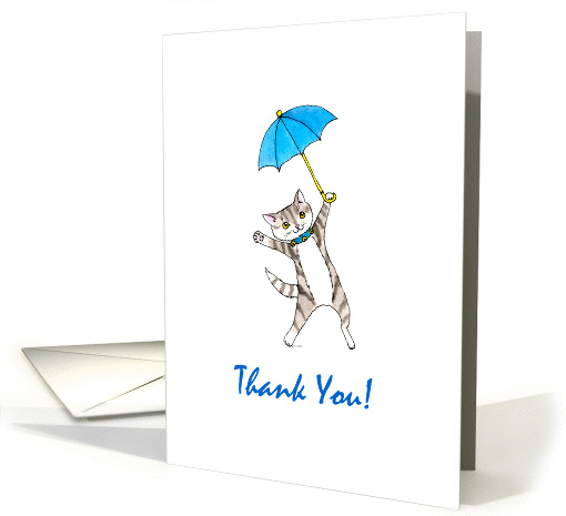 Baby Boy Shower Thank You - Grey Tabby Cat with Blue Umbrella card