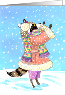 Christmas Girl Raccoon dressed for Winter in the Snow card