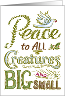 Christmas Peace to ALL Creatures, Hand Lettering, Doves, Leaves, Star card