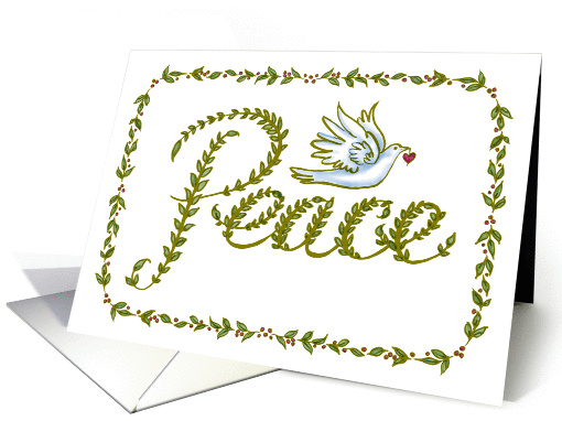 New Year Peace Hand Lettering - Green Leaves, Red Berries & Dove card